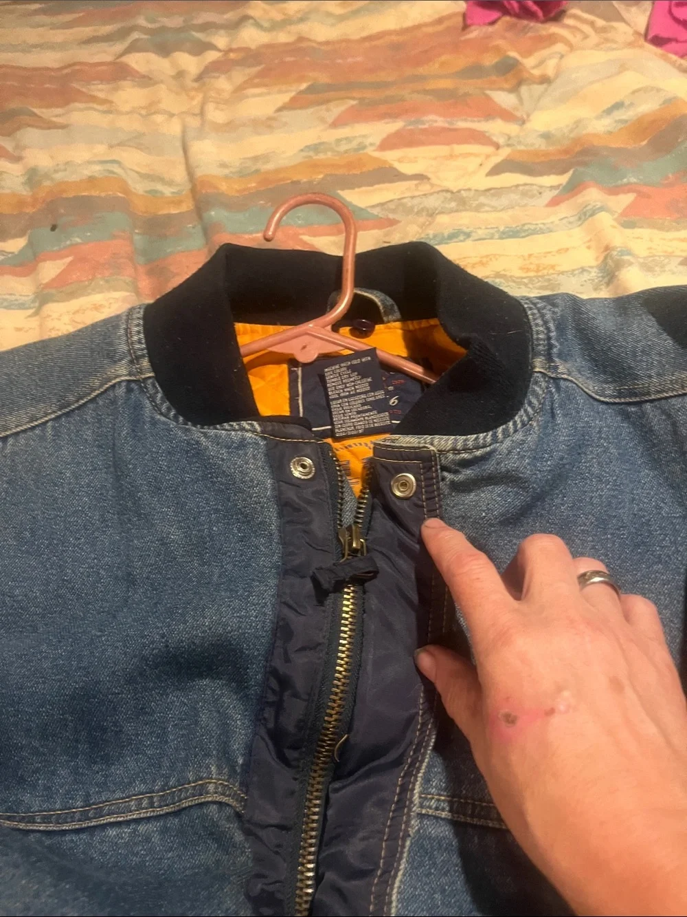 Route 66 Denim Bomber Jacket with Navy Sleeves